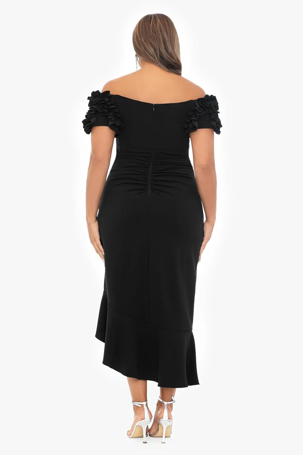 Xscape Women's Size Off The Shoulder Ruffle Sleeve Midi Dress (Plus)