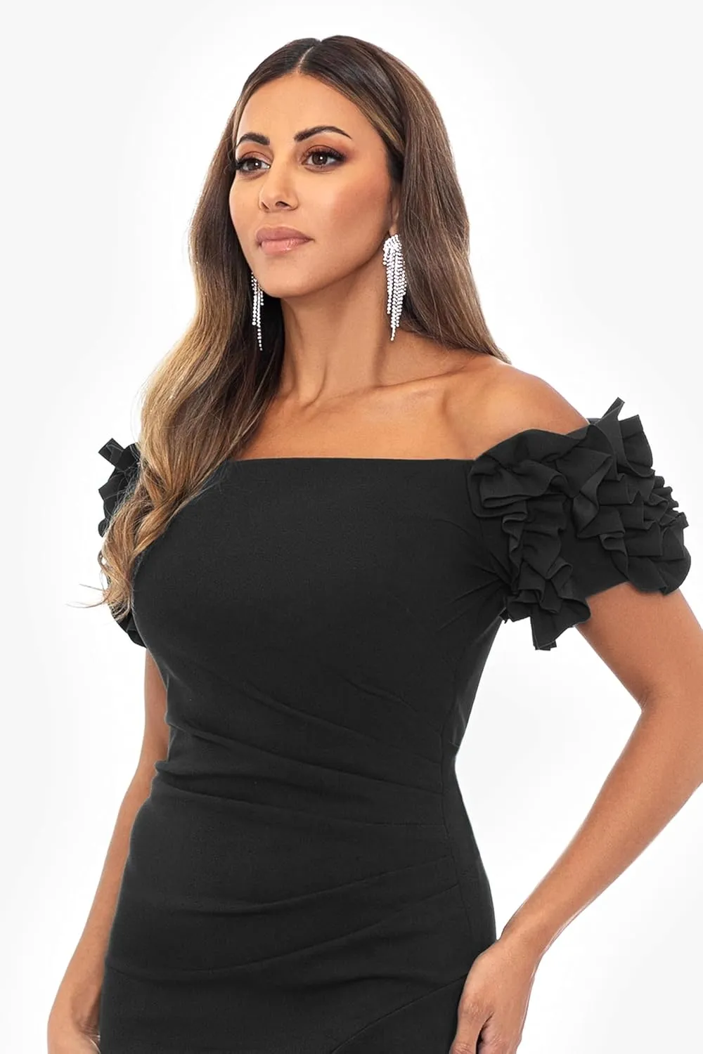 Xscape Women's Size Off The Shoulder Ruffle Sleeve Midi Dress (Plus)