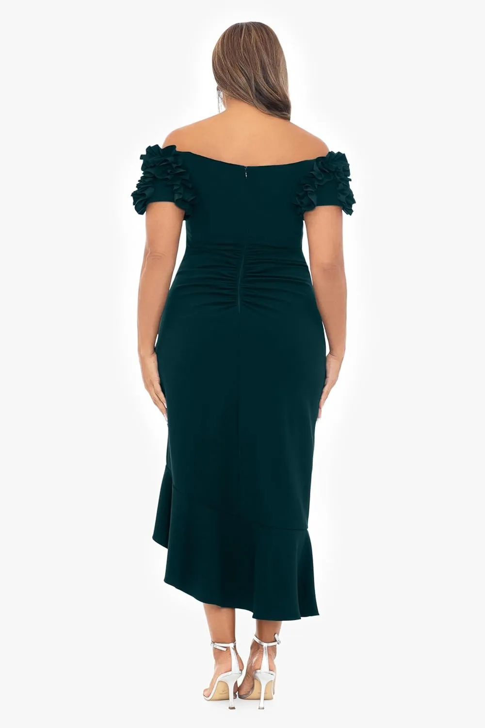 Xscape Women's Size Off The Shoulder Ruffle Sleeve Midi Dress (Plus)