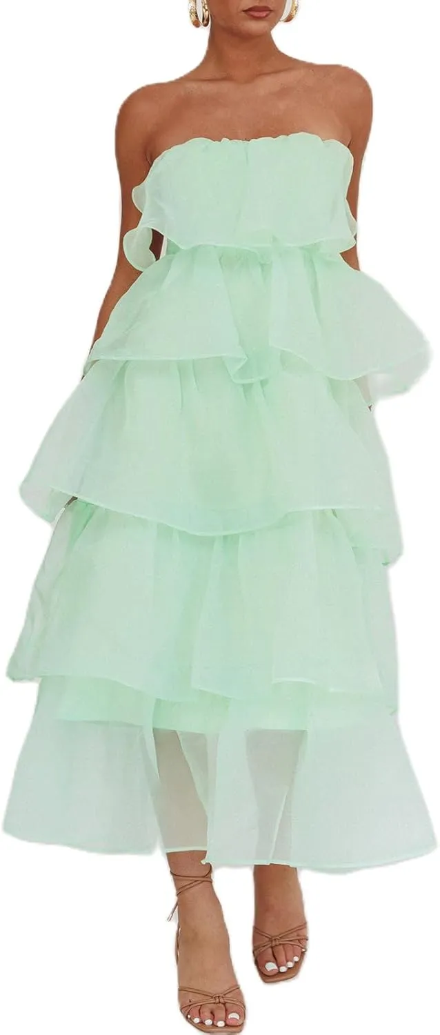 Y2k Strapless Maxi Dress for Women Ruffle Cute Mesh Bodycon Dresses Backless Flowy Midi Long Dresses Beachwear