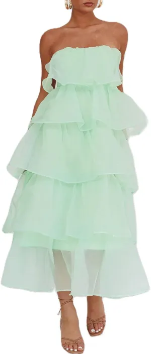 Y2k Strapless Maxi Dress for Women Ruffle Cute Mesh Bodycon Dresses Backless Flowy Midi Long Dresses Beachwear