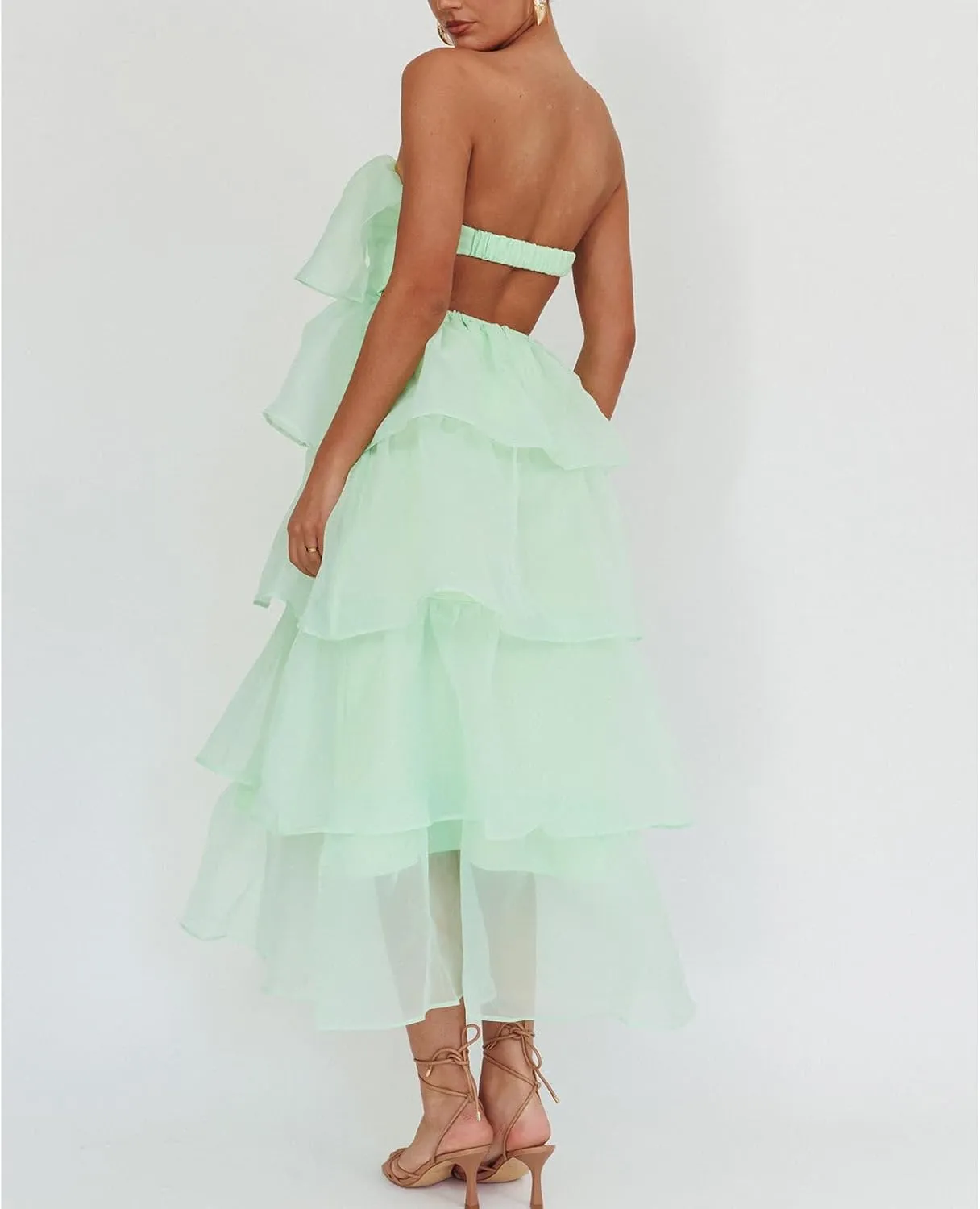 Y2k Strapless Maxi Dress for Women Ruffle Cute Mesh Bodycon Dresses Backless Flowy Midi Long Dresses Beachwear