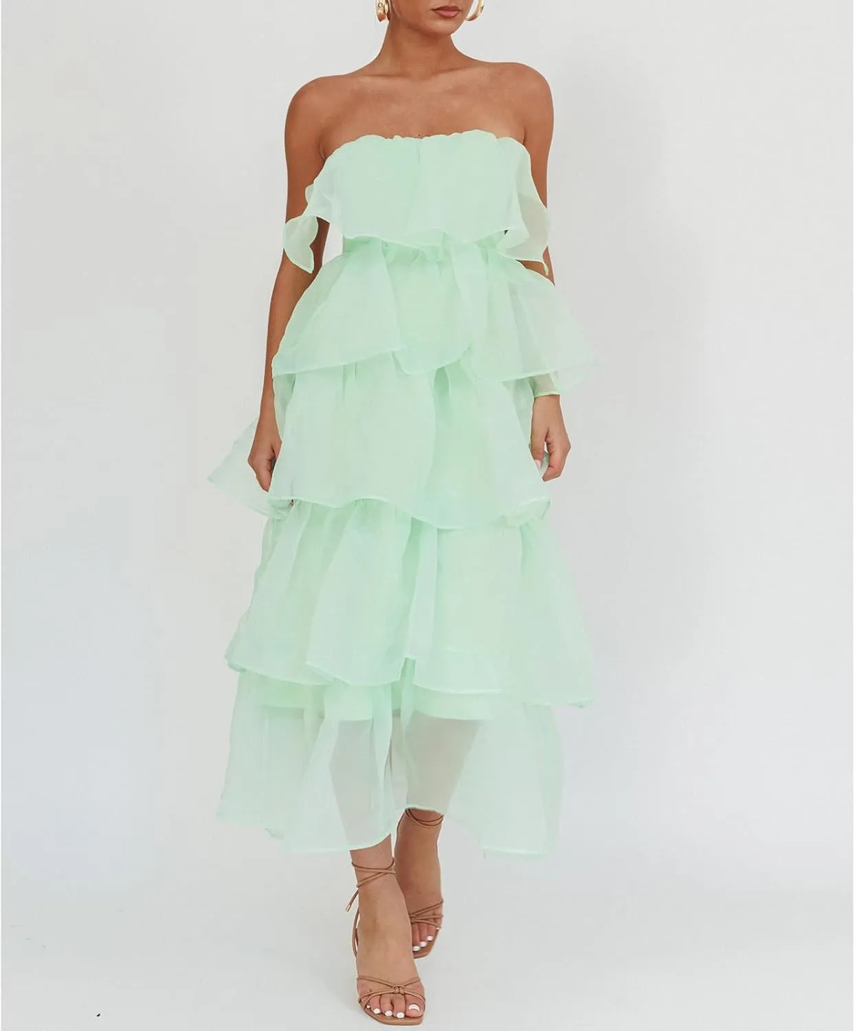 Y2k Strapless Maxi Dress for Women Ruffle Cute Mesh Bodycon Dresses Backless Flowy Midi Long Dresses Beachwear