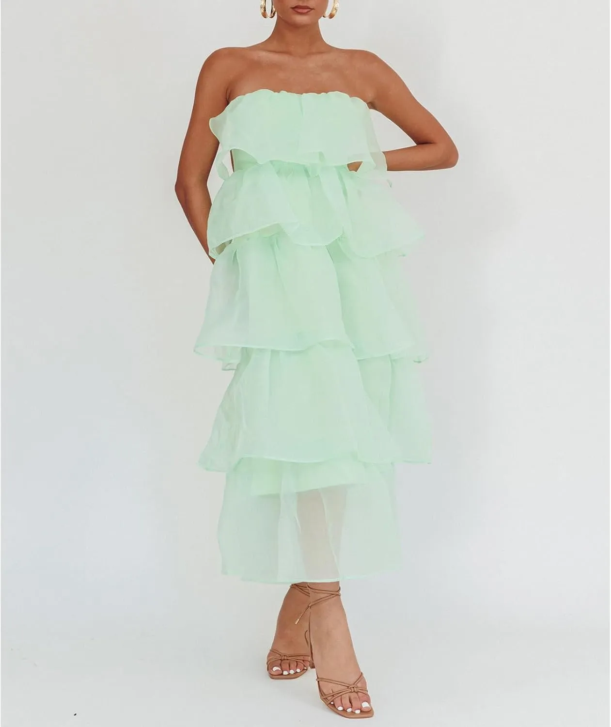 Y2k Strapless Maxi Dress for Women Ruffle Cute Mesh Bodycon Dresses Backless Flowy Midi Long Dresses Beachwear