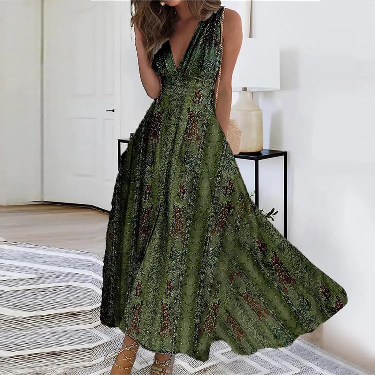 Yesunpxs Dresses for Women 2024 Sleeveless Floral Printed Maxi Dress Wrap V Neck Flowy Ruched Beach Dresses Boho Sundresses