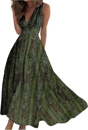 Yesunpxs Dresses for Women 2024 Sleeveless Floral Printed Maxi Dress Wrap V Neck Flowy Ruched Beach Dresses Boho Sundresses