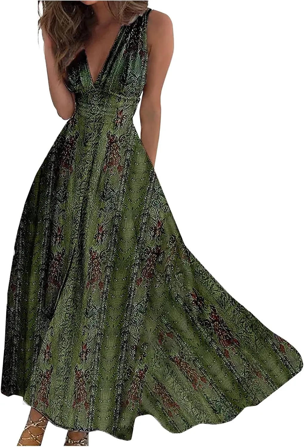 Yesunpxs Dresses for Women 2024 Sleeveless Floral Printed Maxi Dress Wrap V Neck Flowy Ruched Beach Dresses Boho Sundresses