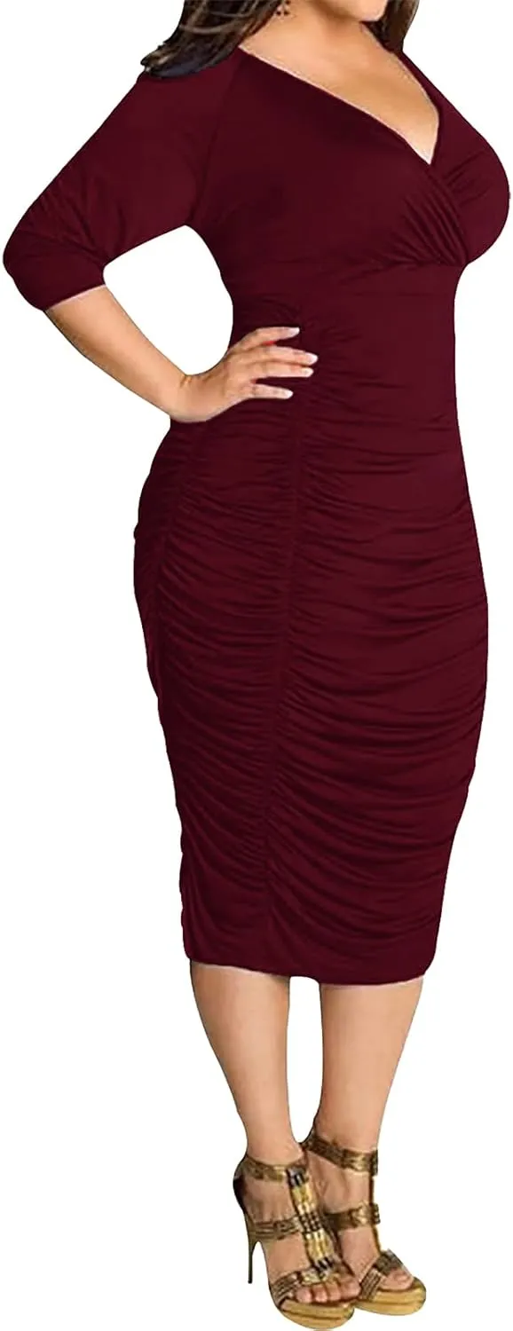 Yiershu Womens Plus Size Short Sleeve Bodycon Dresses Sexy Ruched Wrap Deep V Neck Party Cocktail Dress