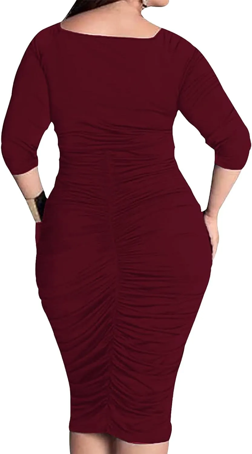 Yiershu Womens Plus Size Short Sleeve Bodycon Dresses Sexy Ruched Wrap Deep V Neck Party Cocktail Dress