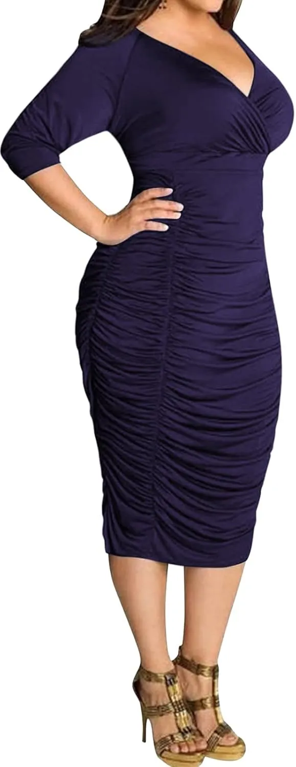 Yiershu Womens Plus Size Short Sleeve Bodycon Dresses Sexy Ruched Wrap Deep V Neck Party Cocktail Dress