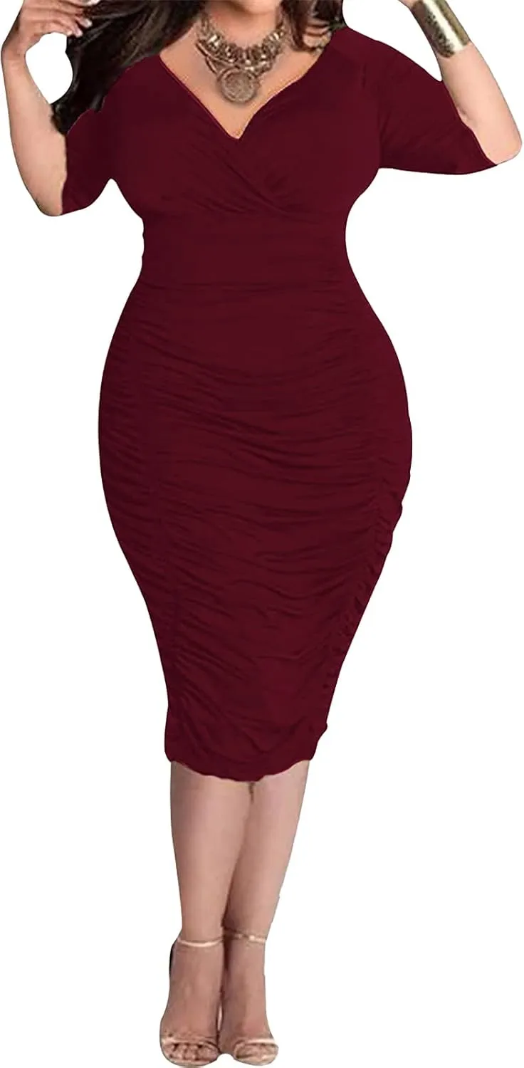 Yiershu Womens Plus Size Short Sleeve Bodycon Dresses Sexy Ruched Wrap Deep V Neck Party Cocktail Dress