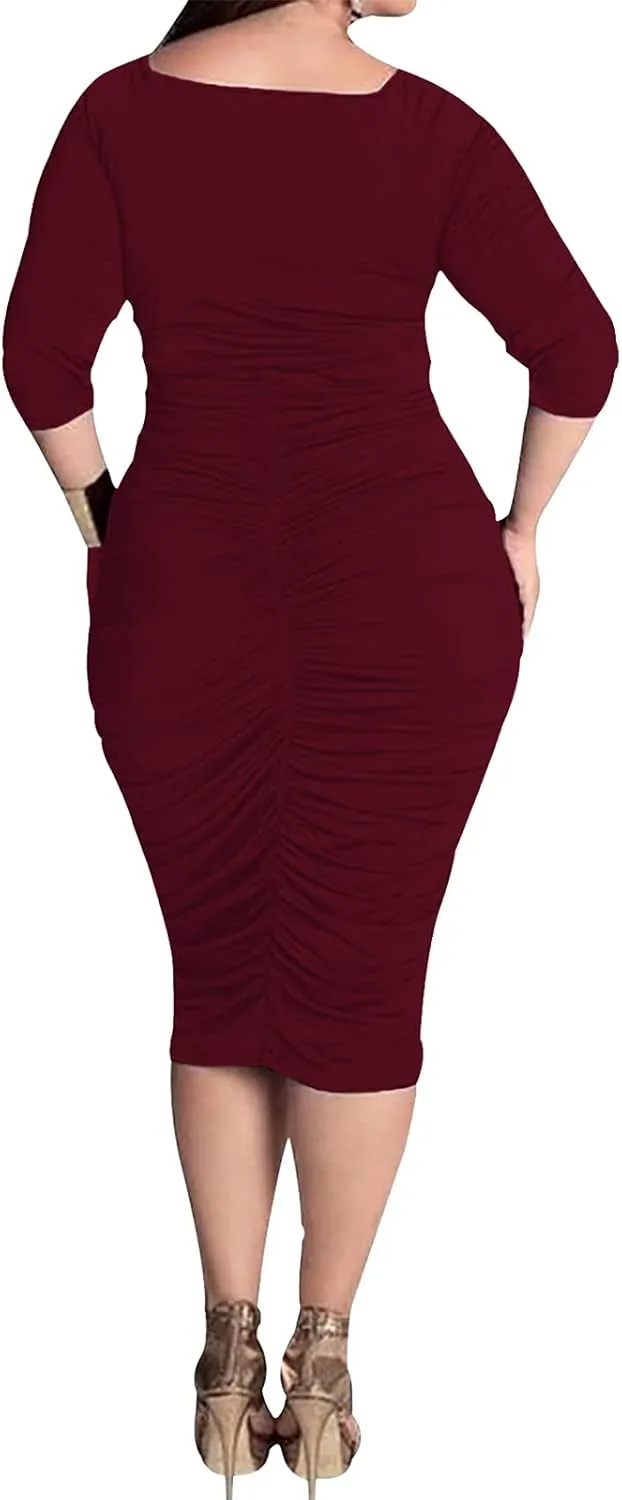Yiershu Womens Plus Size Short Sleeve Bodycon Dresses Sexy Ruched Wrap Deep V Neck Party Cocktail Dress