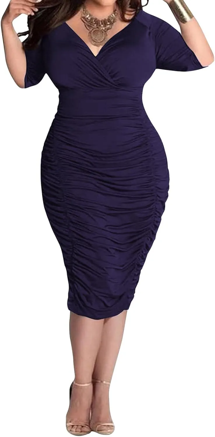 Yiershu Womens Plus Size Short Sleeve Bodycon Dresses Sexy Ruched Wrap Deep V Neck Party Cocktail Dress