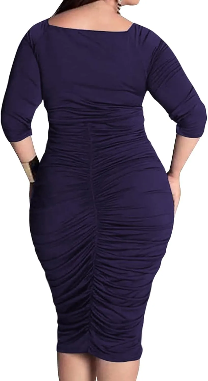 Yiershu Womens Plus Size Short Sleeve Bodycon Dresses Sexy Ruched Wrap Deep V Neck Party Cocktail Dress
