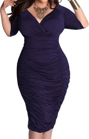Yiershu Womens Plus Size Short Sleeve Bodycon Dresses Sexy Ruched Wrap Deep V Neck Party Cocktail Dress