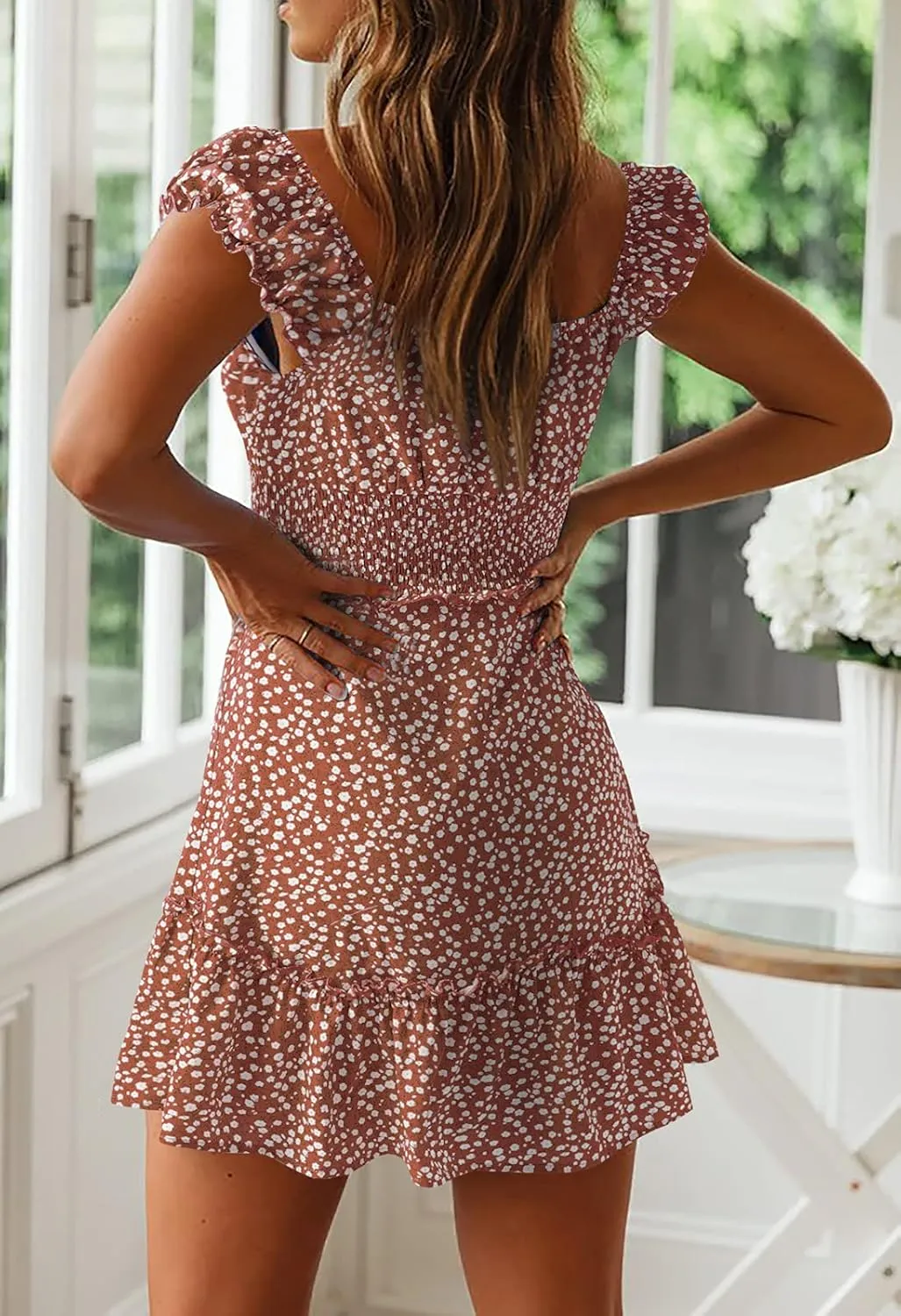 YOBECHO Womens Summer Sexy Sweetheart Collar Printed Ruffle Mini Dress