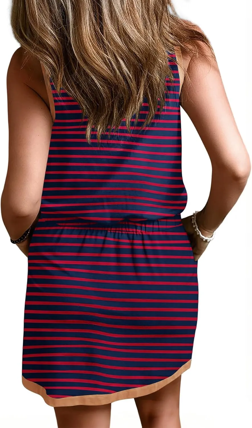 Yousify Cotton Summer Dresses for Women Striped Dress Drawstring Waist Casual Tank Mini Dresses with Pockets