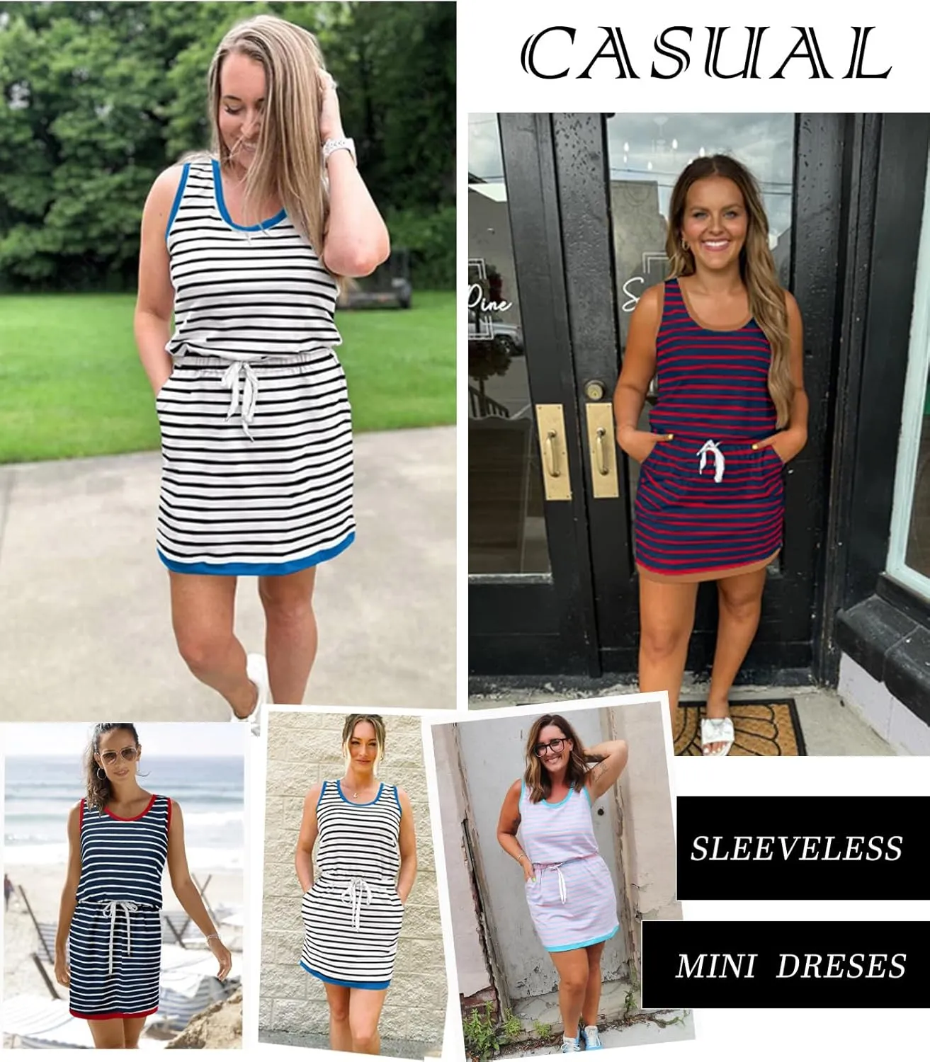Yousify Cotton Summer Dresses for Women Striped Dress Drawstring Waist Casual Tank Mini Dresses with Pockets
