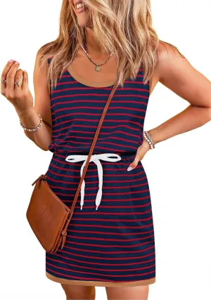 Yousify Cotton Summer Dresses for Women Striped Dress Drawstring Waist Casual Tank Mini Dresses with Pockets