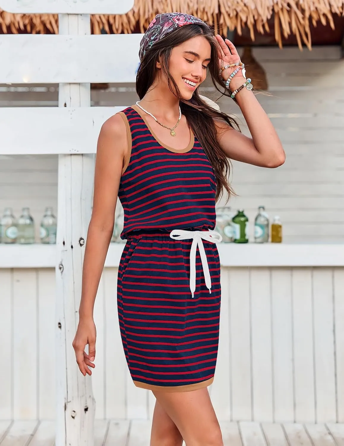 Yousify Cotton Summer Dresses for Women Striped Dress Drawstring Waist Casual Tank Mini Dresses with Pockets