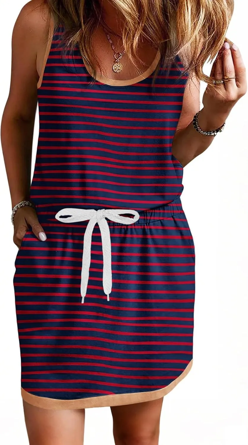 Yousify Cotton Summer Dresses for Women Striped Dress Drawstring Waist Casual Tank Mini Dresses with Pockets