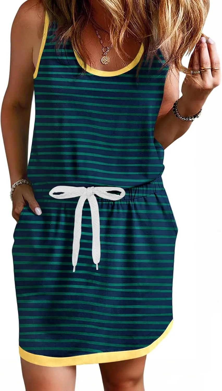 Yousify Cotton Summer Dresses for Women Striped Dress Drawstring Waist Casual Tank Mini Dresses with Pockets