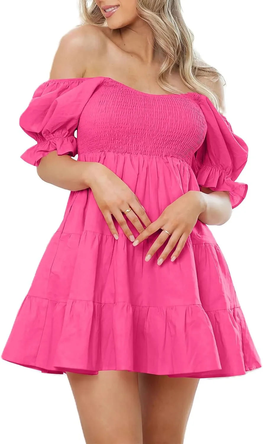 Yuemengxuan Women Summer Dresses 2025 Square Neck Ruched Ruffle Mini Dress Layered Tie Back Flowy Graduation Dress