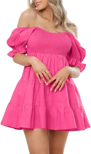 Yuemengxuan Women Summer Dresses 2025 Square Neck Ruched Ruffle Mini Dress Layered Tie Back Flowy Graduation Dress