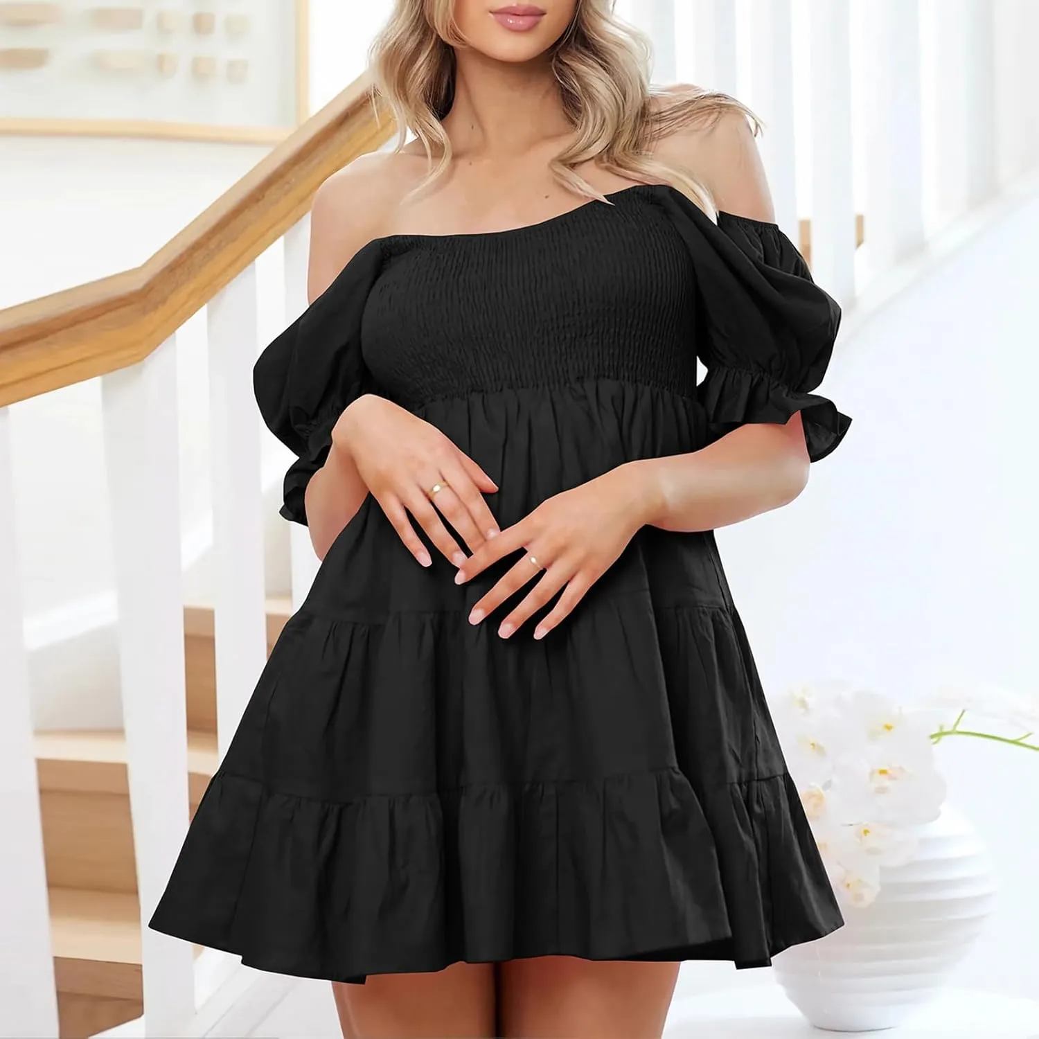 Yuemengxuan Women Summer Dresses 2025 Square Neck Ruched Ruffle Mini Dress Layered Tie Back Flowy Graduation Dress