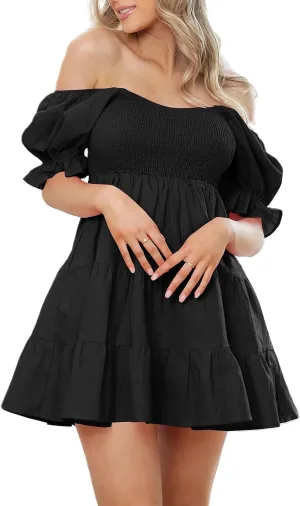 Yuemengxuan Women Summer Dresses 2025 Square Neck Ruched Ruffle Mini Dress Layered Tie Back Flowy Graduation Dress