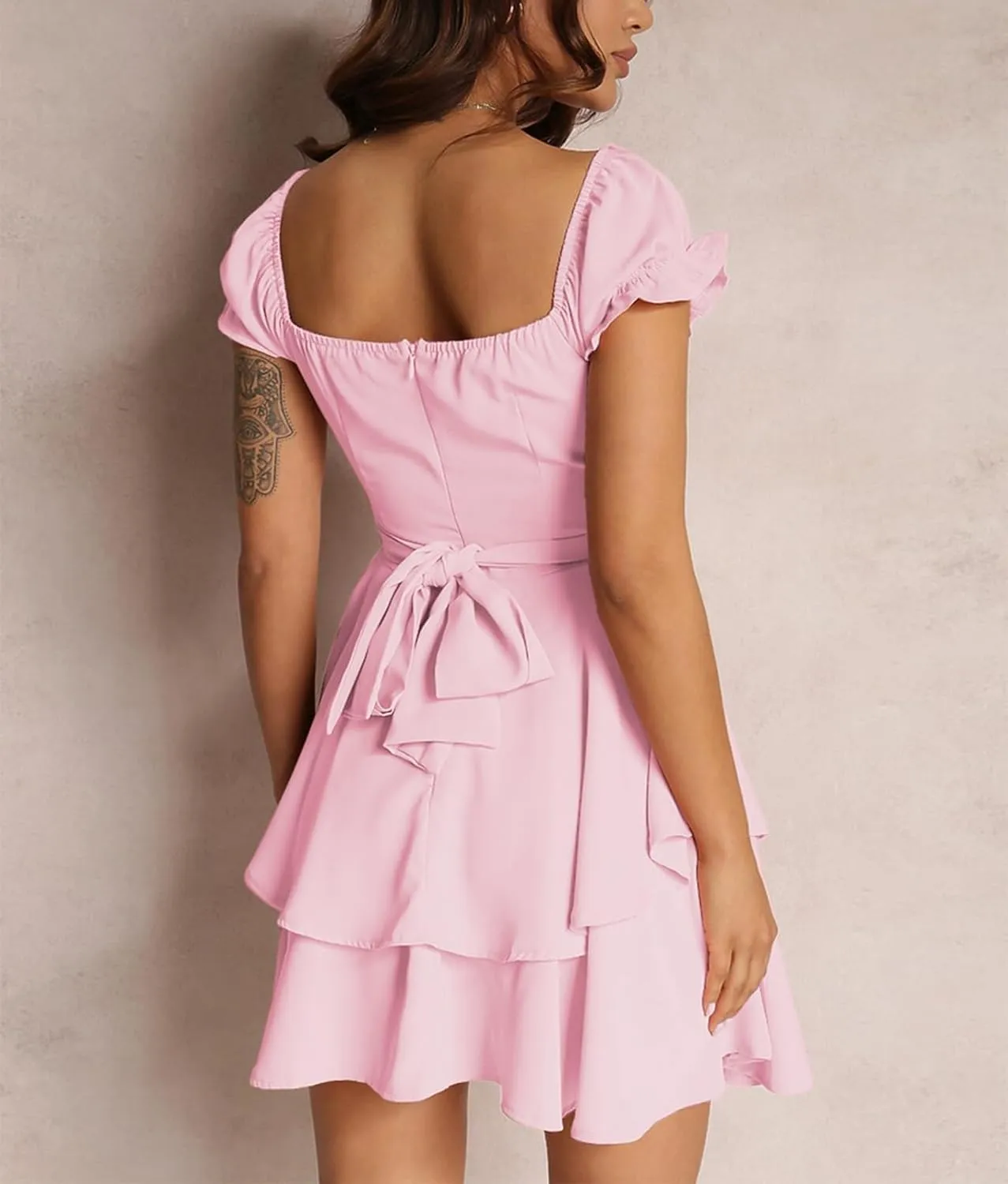 Yuemengxuan Women Summer Dresses 2025 Square Neck Ruched Ruffle Mini Dress Layered Tie Back Flowy Graduation Dress