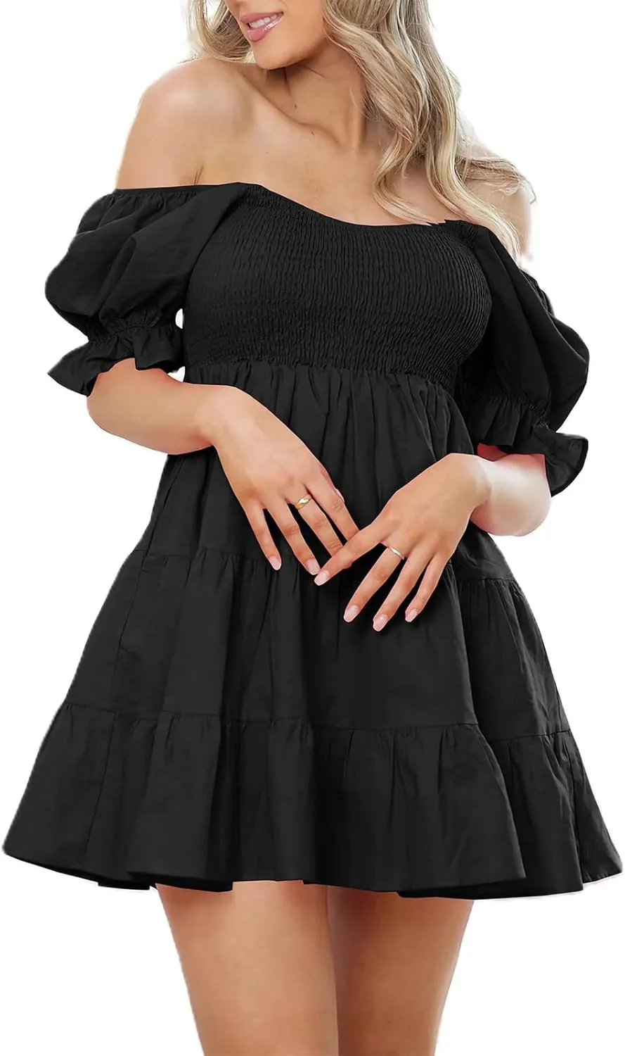 Yuemengxuan Women Summer Dresses 2025 Square Neck Ruched Ruffle Mini Dress Layered Tie Back Flowy Graduation Dress