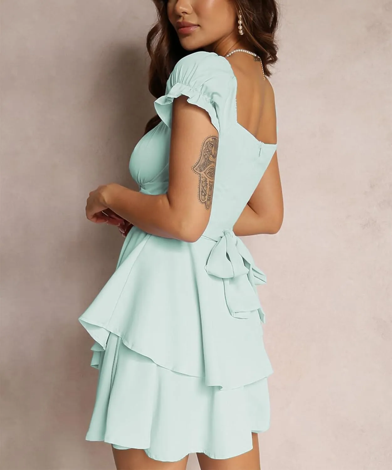 Yuemengxuan Women Summer Dresses 2025 Square Neck Ruched Ruffle Mini Dress Layered Tie Back Flowy Graduation Dress