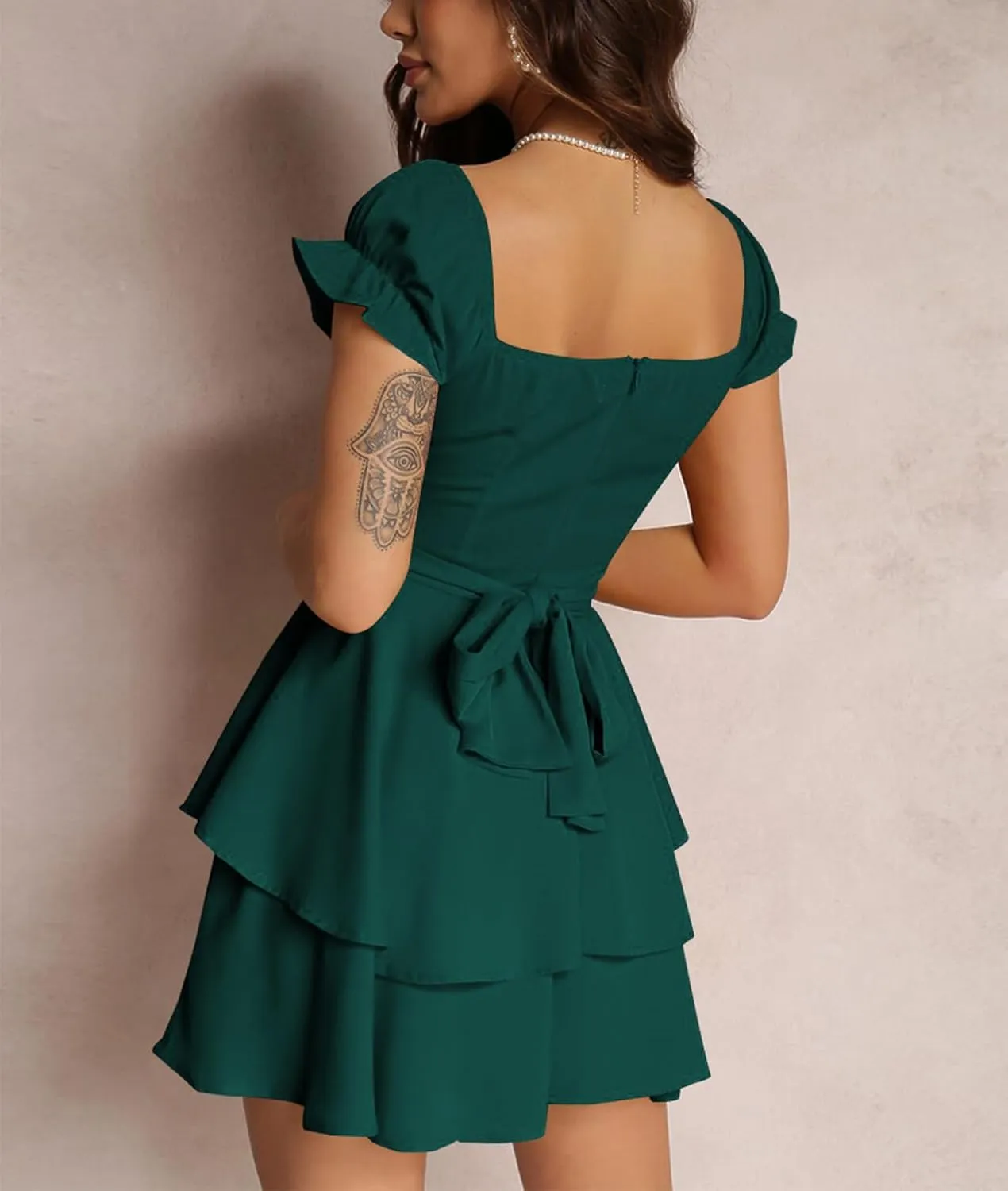 Yuemengxuan Women Summer Dresses 2025 Square Neck Ruched Ruffle Mini Dress Layered Tie Back Flowy Graduation Dress