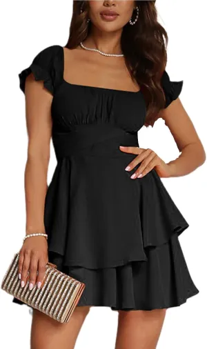 Yuemengxuan Women Summer Dresses 2025 Square Neck Ruched Ruffle Mini Dress Layered Tie Back Flowy Graduation Dress