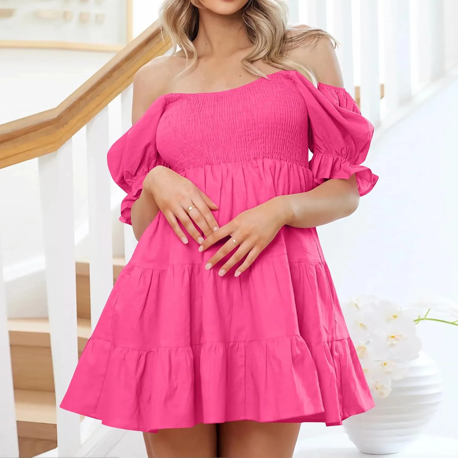 Yuemengxuan Women Summer Dresses 2025 Square Neck Ruched Ruffle Mini Dress Layered Tie Back Flowy Graduation Dress
