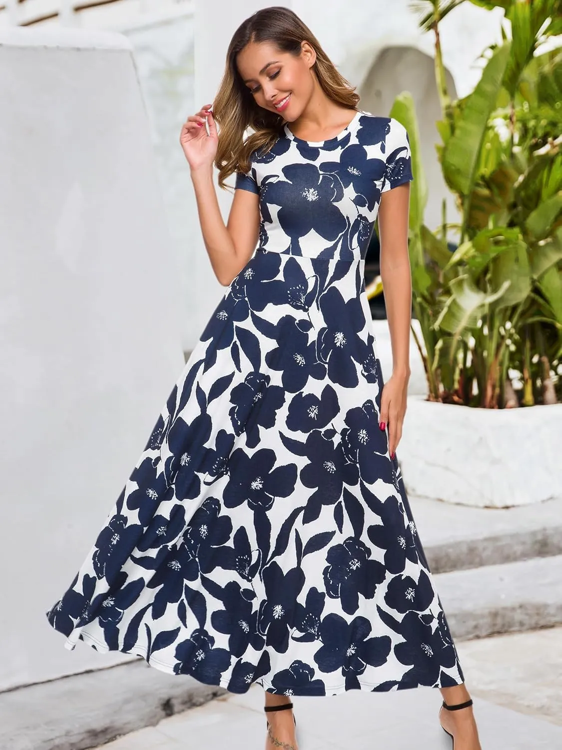 ZABERRY Women's 2024 Short Sleeve Round Neck Casual Summer Flowy Maxi Spring Dresses with Pockets