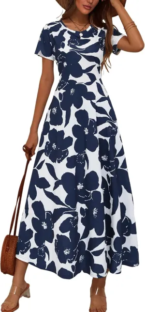 ZABERRY Women's 2024 Short Sleeve Round Neck Casual Summer Flowy Maxi Spring Dresses with Pockets