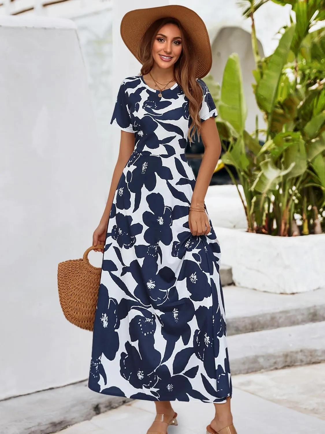 ZABERRY Women's 2024 Short Sleeve Round Neck Casual Summer Flowy Maxi Spring Dresses with Pockets