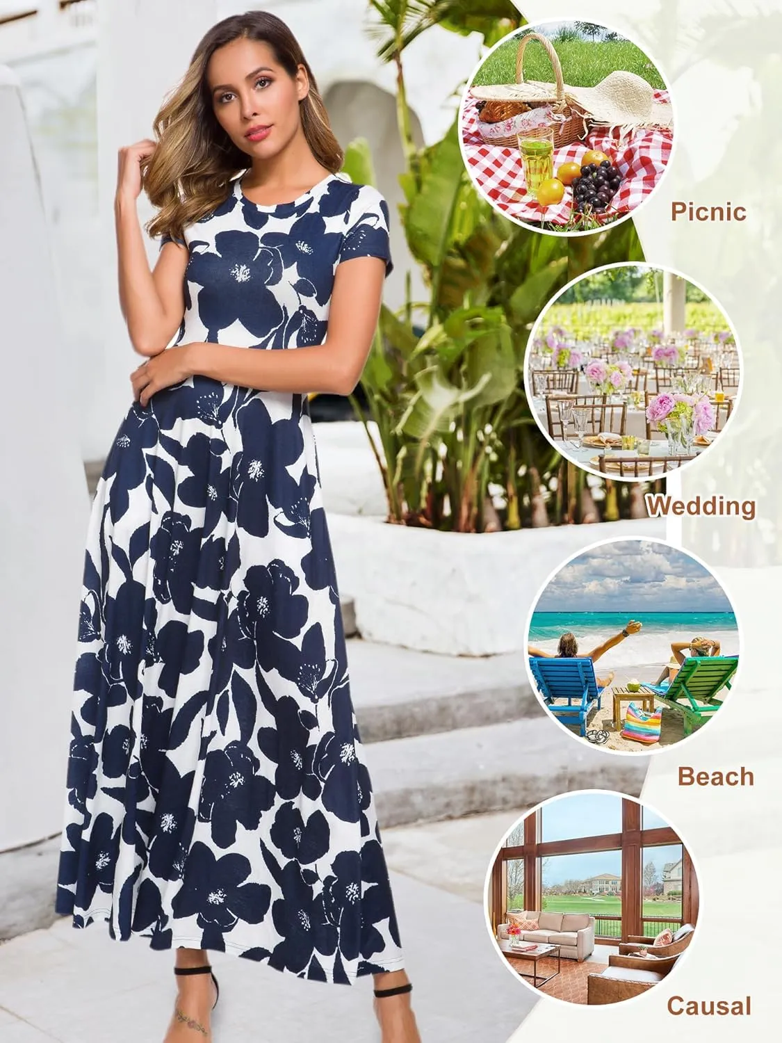 ZABERRY Women's 2024 Short Sleeve Round Neck Casual Summer Flowy Maxi Spring Dresses with Pockets
