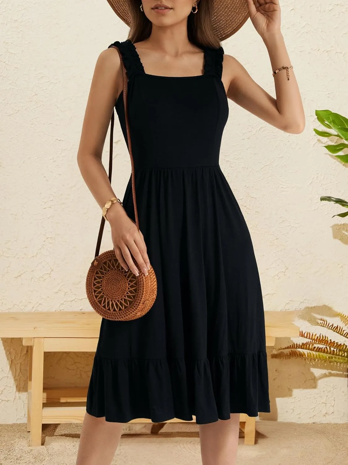 ZABERRY Womens Summer Midi Dress 2025 Elastic Straps Square Neck Cute Floral Flowy A-line Sundresses for Women