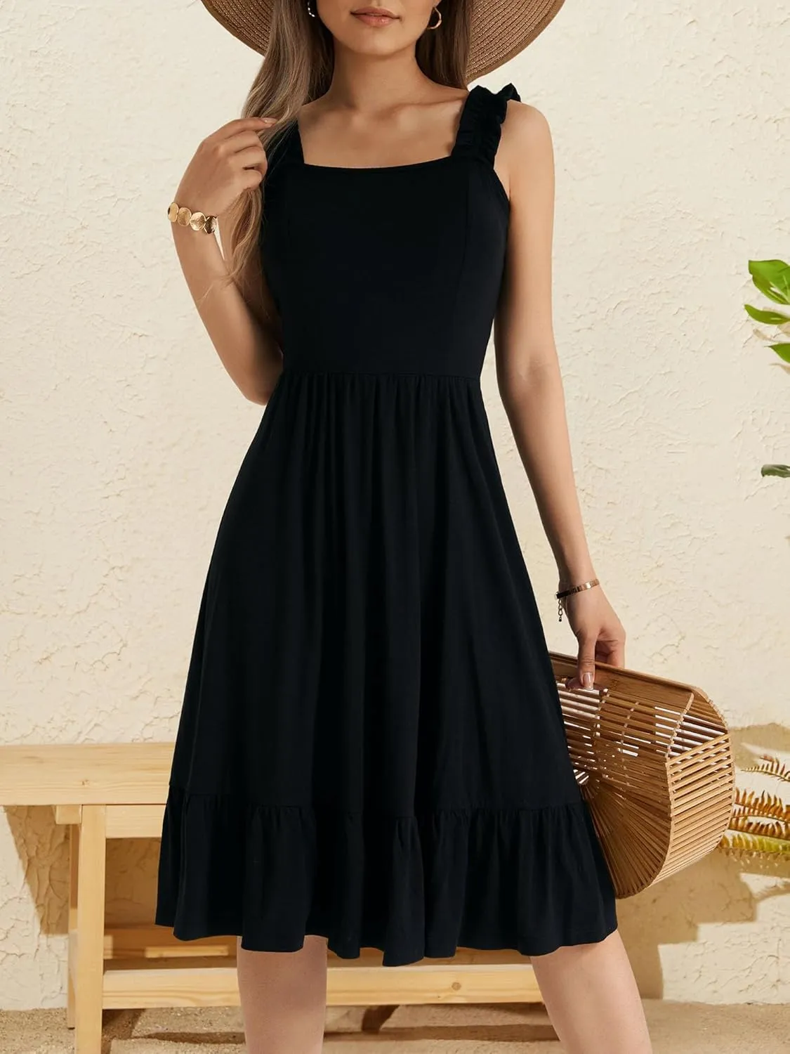 ZABERRY Womens Summer Midi Dress 2025 Elastic Straps Square Neck Cute Floral Flowy A-line Sundresses for Women