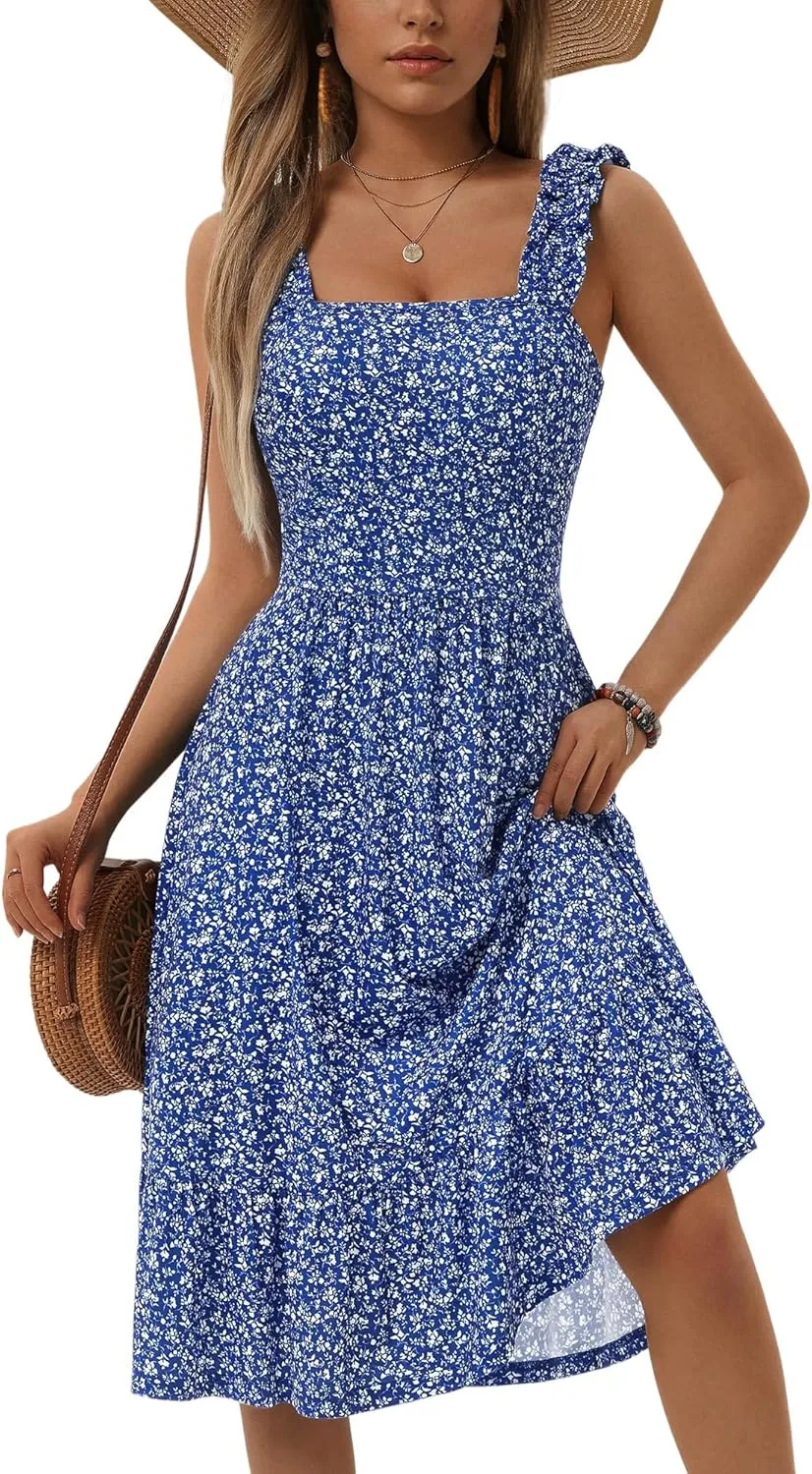 ZABERRY Womens Summer Midi Dress 2025 Elastic Straps Square Neck Cute Floral Flowy A-line Sundresses for Women