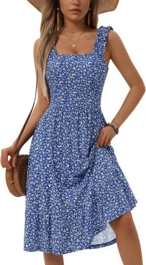 ZABERRY Womens Summer Midi Dress 2025 Elastic Straps Square Neck Cute Floral Flowy A-line Sundresses for Women