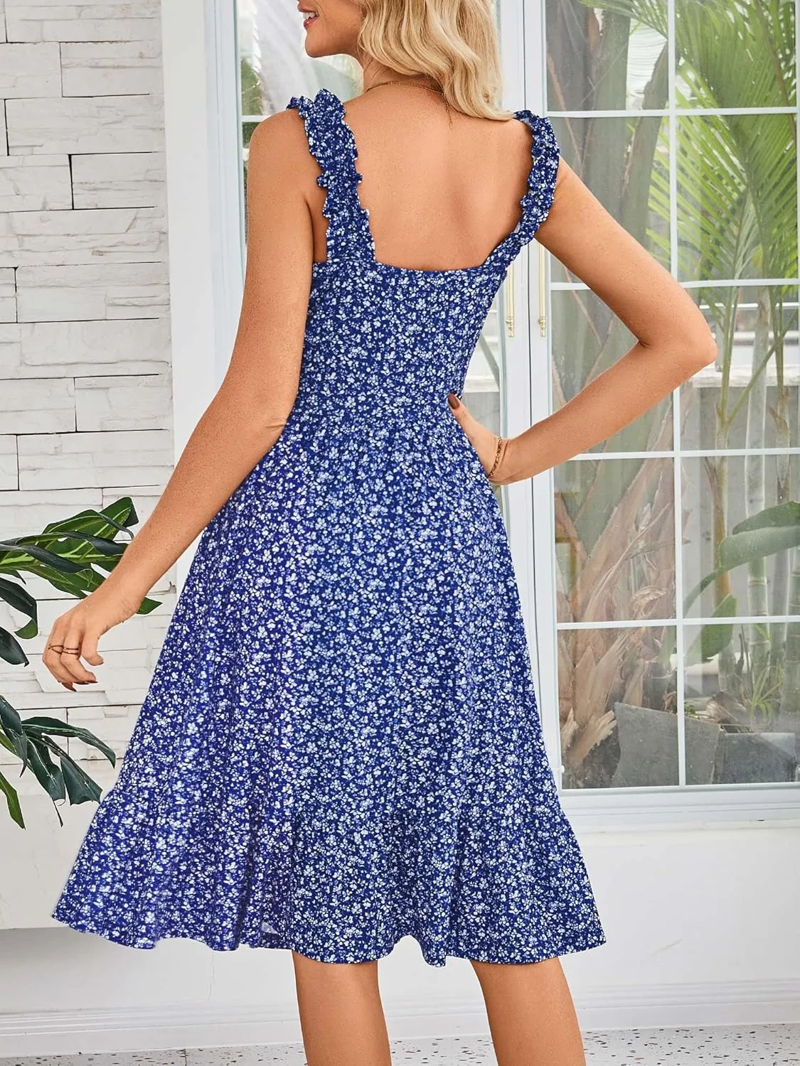 ZABERRY Womens Summer Midi Dress 2025 Elastic Straps Square Neck Cute Floral Flowy A-line Sundresses for Women