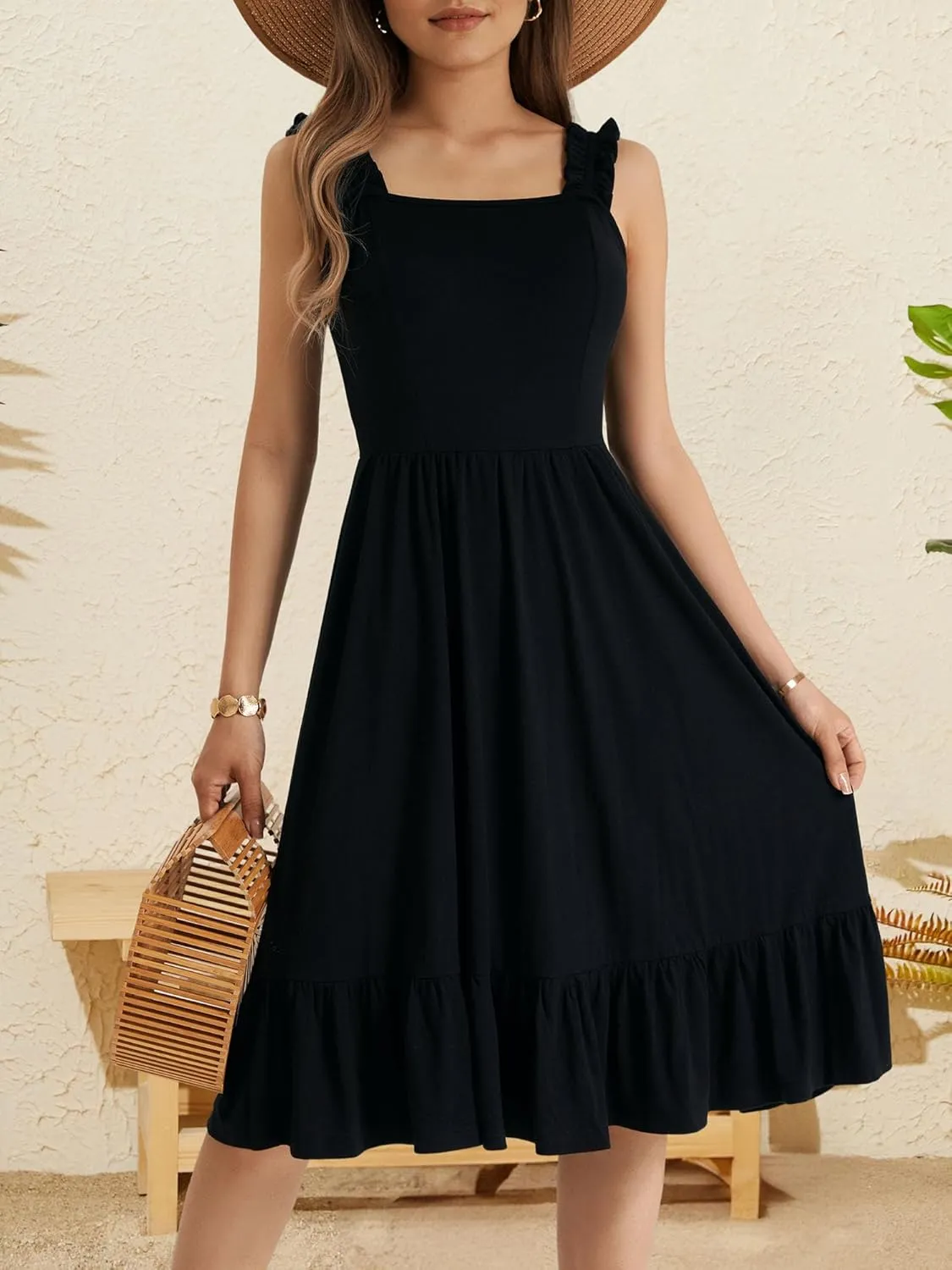 ZABERRY Womens Summer Midi Dress 2025 Elastic Straps Square Neck Cute Floral Flowy A-line Sundresses for Women