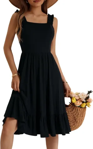 ZABERRY Womens Summer Midi Dress 2025 Elastic Straps Square Neck Cute Floral Flowy A-line Sundresses for Women