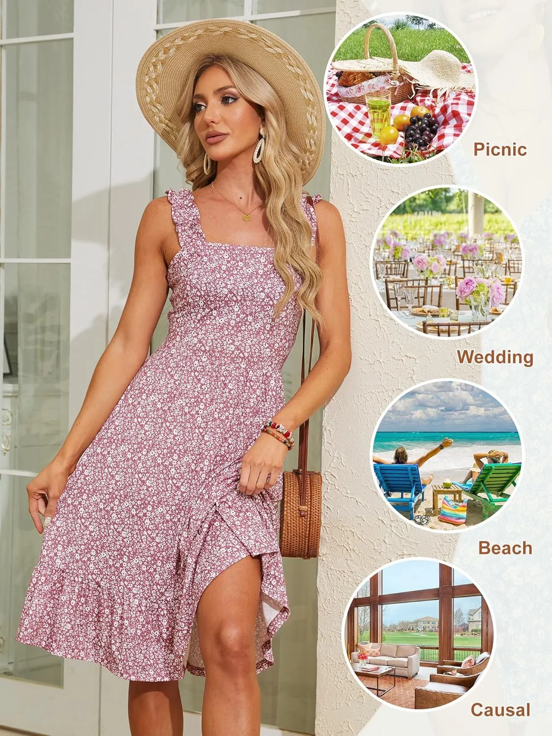 ZABERRY Womens Summer Midi Dress 2025 Elastic Straps Square Neck Cute Floral Flowy A-line Sundresses for Women