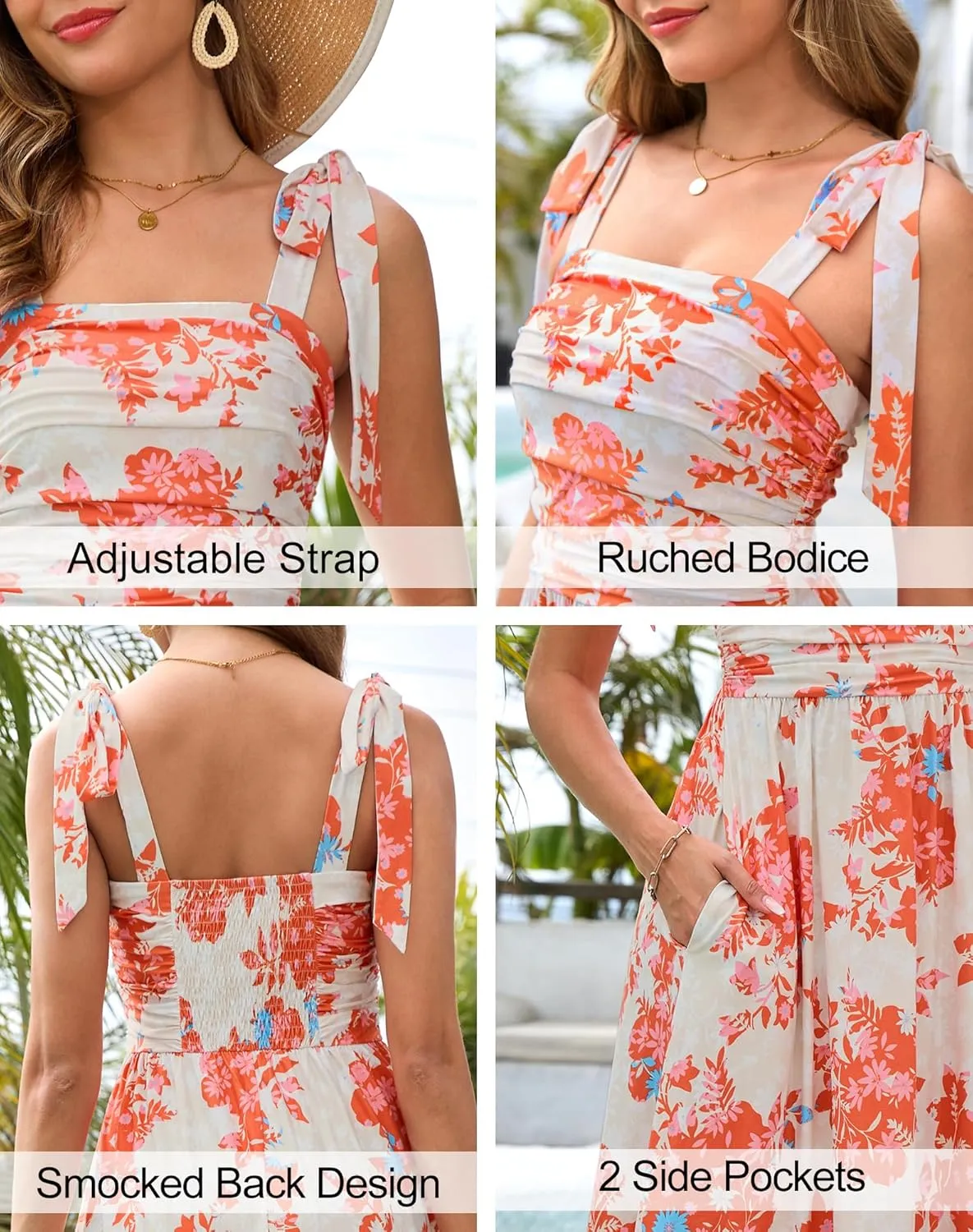 Zattcas Womens 2025 Summer Spaghetti Strap Floral Maxi Dress with Pockets Smocked Flowy Long Beach Vacation Sundresses