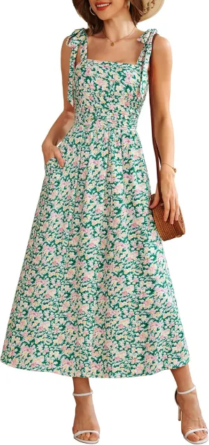 Zattcas Womens 2025 Summer Spaghetti Strap Floral Maxi Dress with Pockets Smocked Flowy Long Beach Vacation Sundresses
